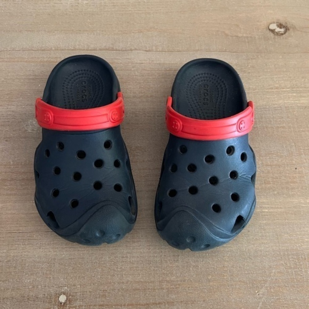 CROCS Kids Black Clogs with Red Heel Straps